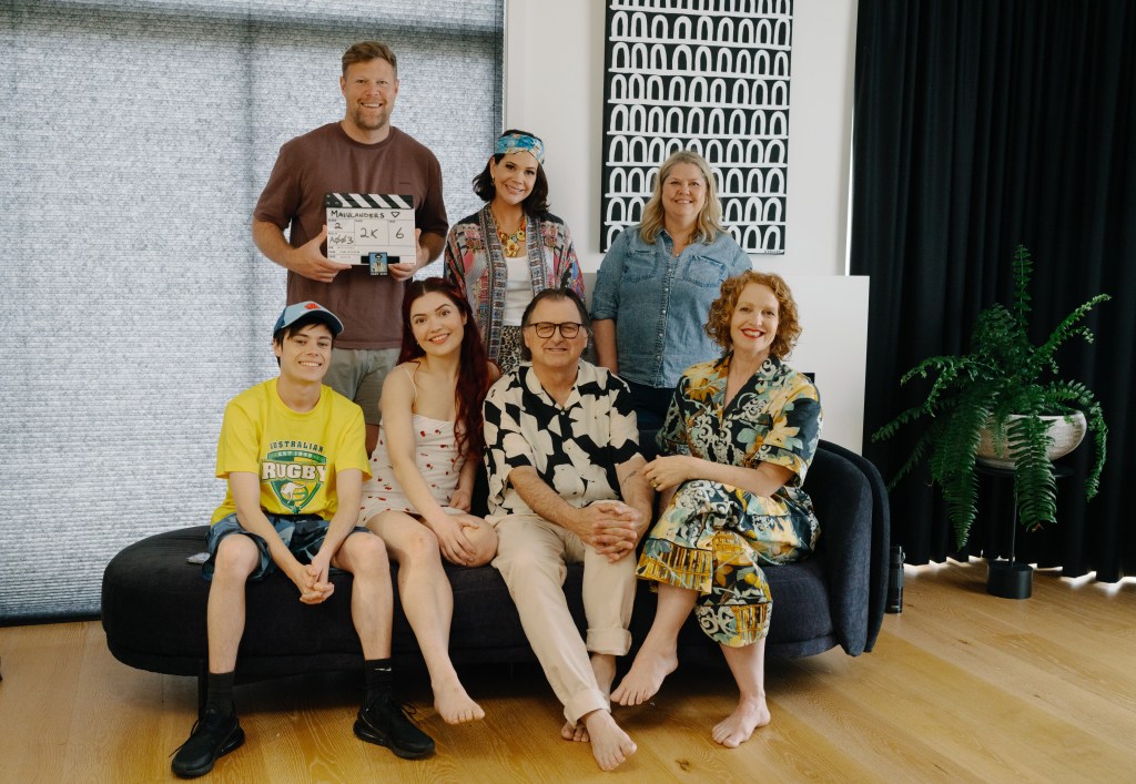Cast & crew of Bloody Mainlander. Top row L to R Mick Davies, Ally Stanton-Cook, Hannah Brooks. Bottom row L to R Bryce Tollard Williams, Ella Watkins, Mike Brooke & Astrid Wells